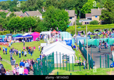 Dundonald Highland Games feiert traditionelle schottische Kultur, Pipe Band Contest, Majoren drum, solo Piping, Highland dancing und schwere Ereignisse Stockfoto