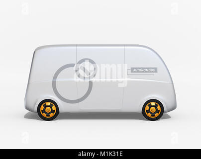 Seitenansicht des Selbstfahrer Lieferwagen auf weißem Hintergrund. Letzte Meile Konzept für die Logistik. 3D-Bild. Stockfoto