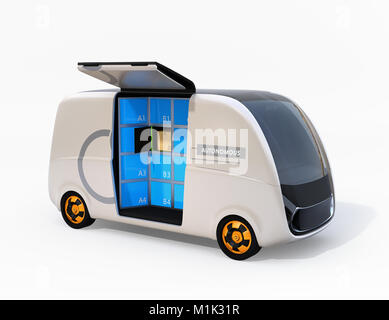 Selbstfahrer Lieferwagen auf weißem Hintergrund mit Seitentür isoliert geöffnet. Letzte Meile Konzept für die Logistik. 3D-Bild. Stockfoto