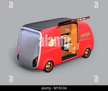 Selbstfahrer Pizza Delivery van auf grauem Hintergrund. Letzte Meile Konzept. 3D-Bild. Stockfoto