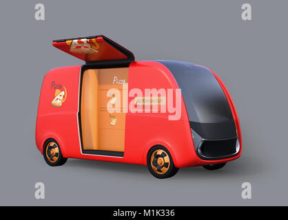 Selbstfahrer Pizza Delivery van auf grauem Hintergrund. Letzte Meile Konzept. 3D-Bild. Stockfoto