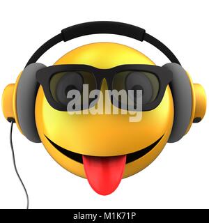 3D-Darstellung der gelbe Smiley smile mit gelben Kopfhörern auf weißem Hintergrund Stockfoto