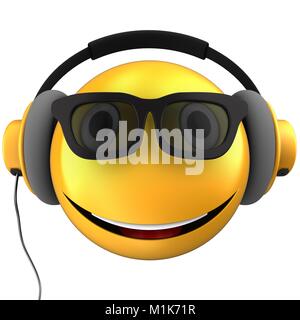 3D-Darstellung der gelbe Smiley smile mit gelben Kopfhörern auf weißem Hintergrund Stockfoto