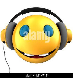 3D-Darstellung der gelbe Smiley smile mit gelben Kopfhörern auf weißem Hintergrund Stockfoto