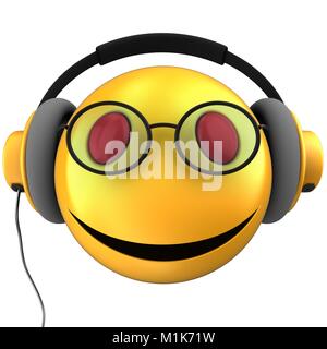 3D-Darstellung der gelbe Smiley smile mit gelben Kopfhörern auf weißem Hintergrund Stockfoto