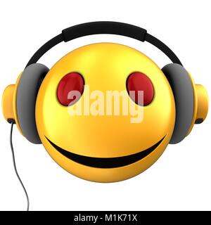 3D-Darstellung der gelbe Smiley smile mit gelben Kopfhörern auf weißem Hintergrund Stockfoto