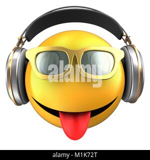 3D-Darstellung der gelbe Smiley smile mit Kopfhörern auf weißem Hintergrund Stockfoto