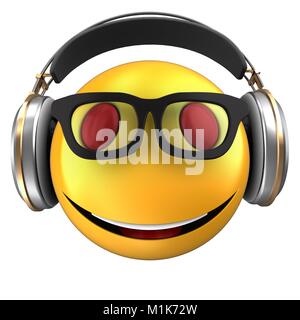 3D-Darstellung der gelbe Smiley smile mit Kopfhörern auf weißem Hintergrund Stockfoto