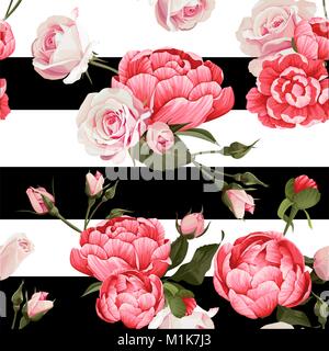 Pfingstrose und Rosen Vektor nahtlose Muster Schwarze und Weiße Streifen blühenden Textur Hintergrund Stock Vektor