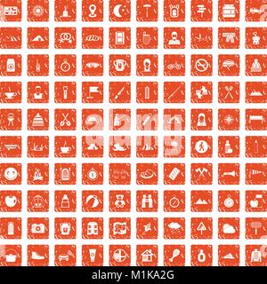 100 Family Camping Icons Set grunge orange Stock Vektor