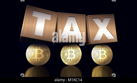 Bitcoin Steuerkonzept mit Holzklötzen und Bitcoins unter. 3D-Rendering Stockfoto