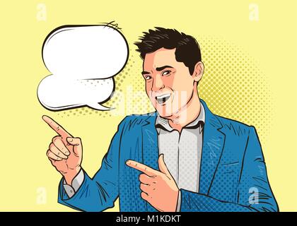 Glücklich, junger Mann, Geschäftsmann oder Student, in der Pop Art retro Comic Stil gezeichnet. Cartoon slang Vector Illustration Stock Vektor