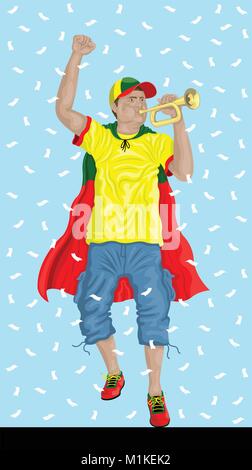 Portugal Fußball-Fan mit Horn. Portugiesische Unterstützer, Konfetti Papiere und Hintergrund sind in verschiedenen Schichten. Stock Vektor