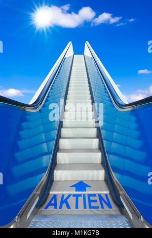 Rolltreppe in einen blauen Himmel mit deutschem Text AKTIEN Bedeutung Aktien, Konzept der Errungenschaft, die große Gewinne an der Börse Stockfoto