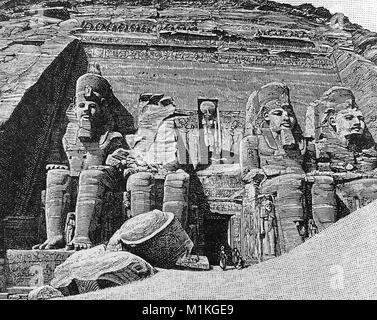 1889 Kammern Enzyklopädie Abbildung der Fassade des großen Tempels von Abu Simbel, in Nubien Bezirk, im Sudan, in Ägypten vor Re - Lage der Ruinen in 1968 Stockfoto