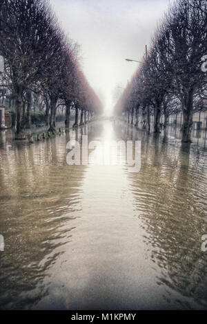 Sandrine Huet/Le Pictorium - der Seine River Flood, Januar 2018 - 27/01/2018 - Frankreich/Ile-de-France (Region) / Soisy-sur-Seine-Dorf Soisy-sur-Seine, Paris. Der Fluss Wasser stieg von 25. bis 29. Januar 2018. Viele Häuser hatten wegen des Hochwassers evakuiert werden. Der Seine erreicht seinen höchsten Punkt am Bahnhof von Corbeil Essonne in der Nacht von Sonntag, 28. und Montag, den 29. Januar 2018, mit einem Kamm von 4,56 m, ein wenig niedriger als bei der letzten Hochwasser im Juni 2016 Stockfoto