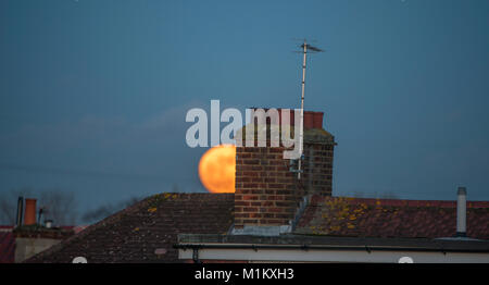 Wimbledon, London, UK. 31. Januar 2018. Orange supermoon steigt über Suburban Häuser im Süden Londons in den klaren Nachthimmel. Credit: Malcolm Park/Alamy Leben Nachrichten. Stockfoto