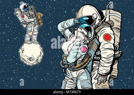 Kosmonauten tanzen. romantisches Date, Mann liebt eine Frau Stock Vektor