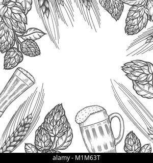 Monochrome Bier Menü design Vorlage. Graviert Abbildung mit Gerste, Hopfen und Bier Gläser. Brauerei frame-Konzept. Hand Vector Illustration gezeichnet Stock Vektor