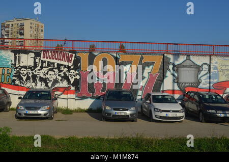 Graffiti des FC Vojvodina Fans, an der Mauer des Karadorde Stadion dargestellt. Novi Sad, Serbien Stockfoto