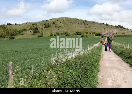 Cley Hill in der Nähe von Longleat in Wiltshire. Eine beliebte West Country Spaziergang für Familien in Großbritannien. Stockfoto