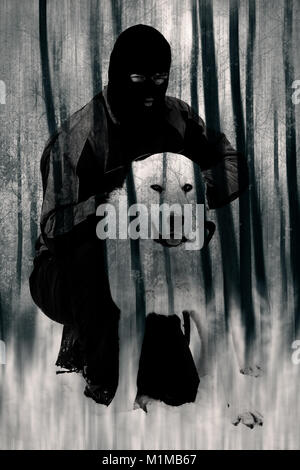 Abstract Double Exposure Hintergrund mit Mensch und Hund Hüter der Wälder Stockfoto
