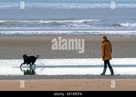 Einsame Frau Wandern auf einsamen Sandstrand mit verspielten schwarzen Hund läuft durch das Wasser entlang der Nordseeküste im Winter Stockfoto