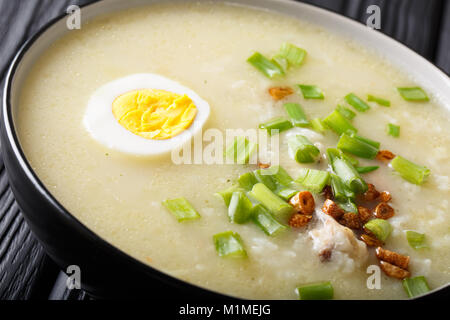 Hausgemachte asiatischen Reis Suppe mit Hähnchen, Gemüse und Ei in der Nähe der Schüssel. Horizontale Stockfoto
