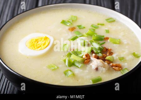 Arroz Caldo Suppe mit Reis, Huhn und Ei close-up in eine Schüssel. Horizontale Stockfoto