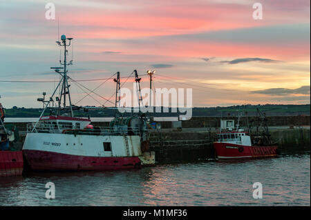 Trawler und Angeln Boote bei Sonnenuntergang im Hafen Duncannon, County Wexford, Irland mit kopieren. Stockfoto