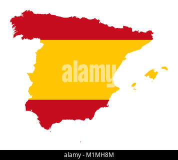 Königreich Spanien. Die Markierung in der Silhouette des Landes. Landmasse und Grenzen als skizzieren. Die Farben der Nation. Banner mit roten und gelben Streifen. Stockfoto