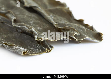 Getrocknete Kombu Algen (Laminariaceae longissima) auf weißem Hintergrund Stockfoto