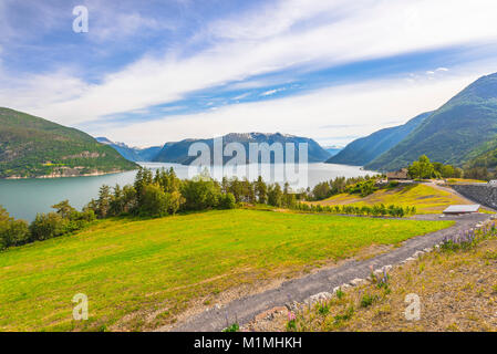 Eidfjorden Panorama in der Nähe von Erdal, Norwegen, Skandinavien, östlichen Teil der Hardangerfjord das Dorf in der Nähe von Eidfjord, Landschaft mit Fjord Stockfoto