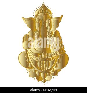 Hindu Gott Ganesha. Golden Ganapati. Vektor handgezeichnete Illustrationen. Meditation im Lotussitz Stock Vektor