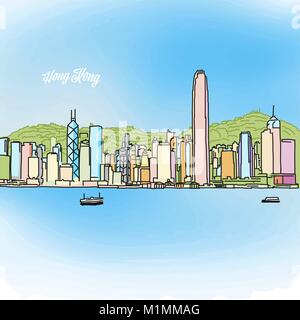 Hong Kong farbiges Panorama Banner. Layout für die Grußkarte und Banner Design. Marketing Skizze Stock Vektor