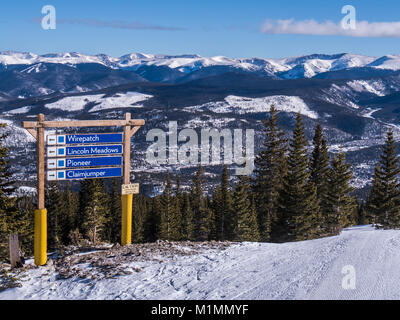 Ski Trail Zeichen auf Peak 7, Breckenridge Ski Resort, Breckenridge, Colorado. Stockfoto