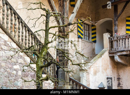 Schloss d'Enna (Schloss Enn in deutscher Sprache): Details des beeindruckenden Schlosses auf einem Hügel über Montagna in Südtirol, Bozen, Italien localed. Es w Stockfoto