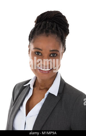 Close-up Happy Geschäftsfrau Vor weißem Hintergrund Stockfoto