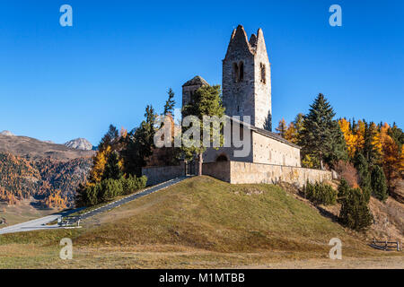 Kirche San Gian, Celerina, Engadin, Graubünden, Schweiz, Europa. Stockfoto