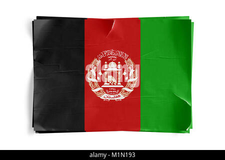 Realistische Abbildung: Afghanistan Flagge auf Torned, zerknittert, schmutzig, grunge Papier Poster. Drei von ihnen oben auf einander. 3D-Rendering. Stockfoto