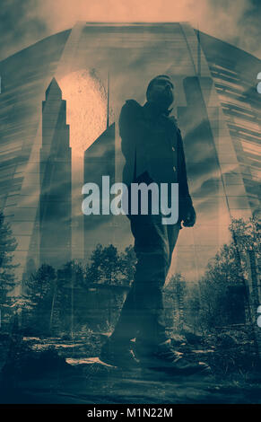 Abstrakte postapocalyptic Doppel exposured Mann Portrait über die Ruinen und die Stadt Gebäude Silhouette - Elemente dieses Bild sind von der NASA eingerichtet Stockfoto