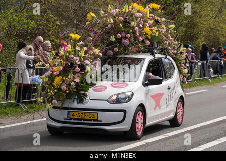 Die jährlichen Blumenkorso mit zwanzig großen schwimmt plus 30 kleinere Fahrzeuge, in einen Aufstand der Farbe über die frisch geschnittene Tulpen und andere spri eingerichtet Stockfoto