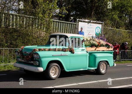 Die jährlichen Blumenkorso mit zwanzig großen schwimmt plus 30 kleinere Fahrzeuge, in einen Aufstand der Farbe über die frisch geschnittene Tulpen und andere spri eingerichtet Stockfoto