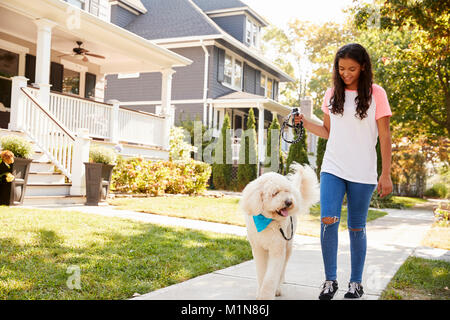 Mädchen gehen Hund Vorstadtstraße Stockfoto