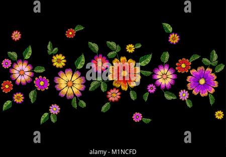 Helle Blumenstickerei bunte nahtlose Grenze. Mode Dekoration genäht Textur Vorlage. Ethnische traditionelle daisy Feld Werk verlässt Textildruck Design Vector Illustration Stock Vektor