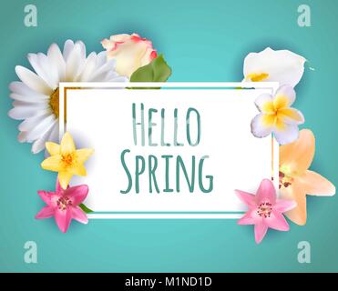 Hallo Frühling Banner Grüße Design Hintergrund mit bunten Blumen Elemente. Vector Illustration Stock Vektor