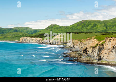 Das türkisfarbene Wasser des Pazifischen Ozeans Kontrast mit dem Emerald Greens von Kodiak Island entlang Surfen Strand in Alaska. Stockfoto