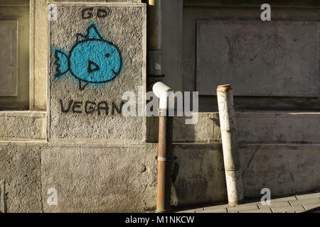 Klicken Sie Vegan vegan Street Graffiti - Kunst in Belgrad, Serbien, Europa. Stockfoto