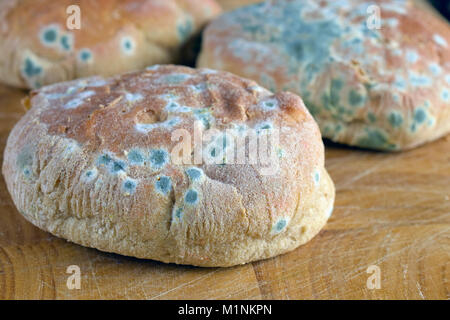 Die schimmeligen Brötchen auf Holz Schneidebrett. Stockfoto