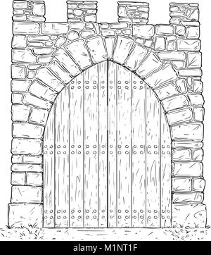 Cartoon Vektor der Stein mittelalterlichen Entscheidung Tor geschlossen, die durch hölzerne Tür Stock Vektor